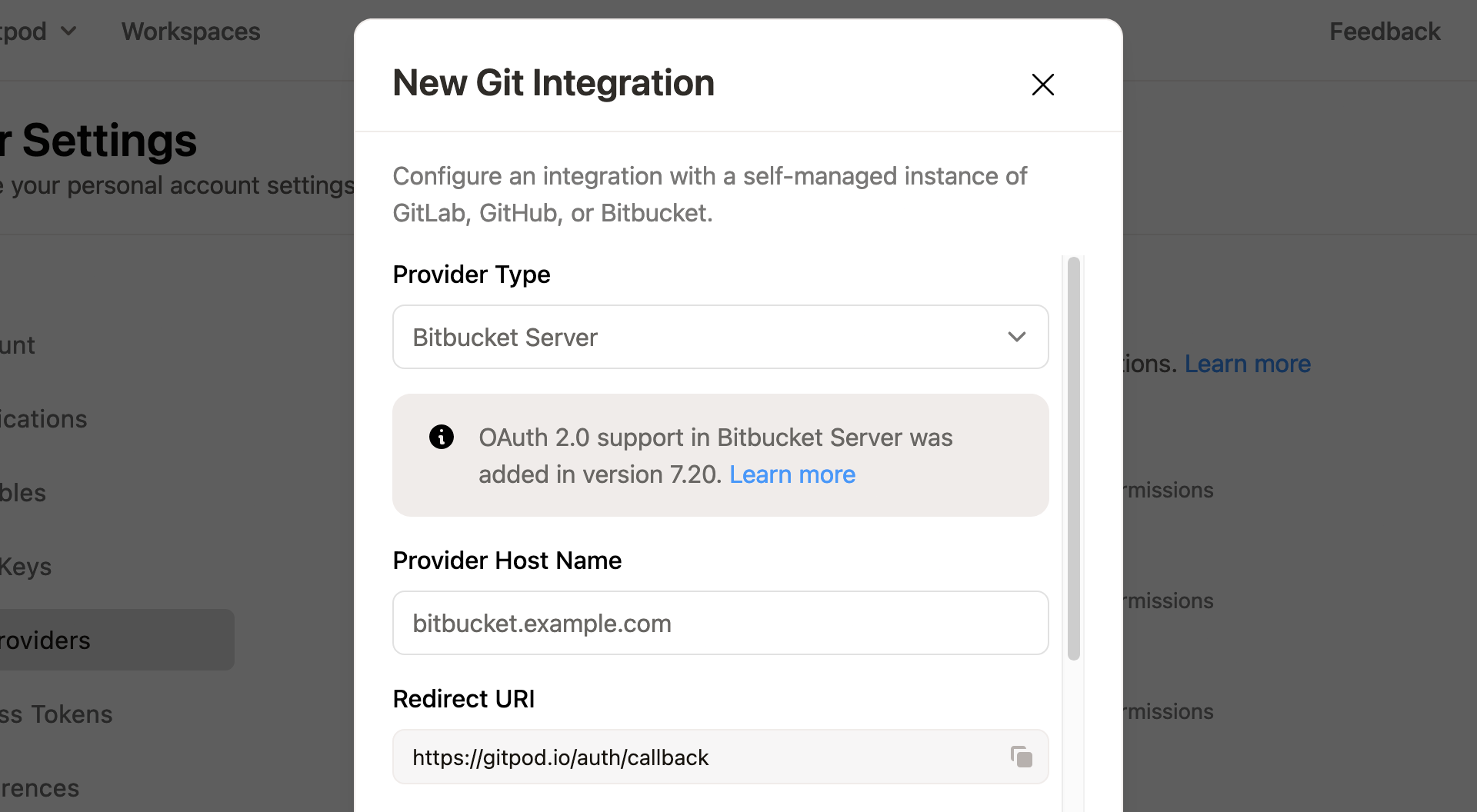 Gitpod New Git Integration form