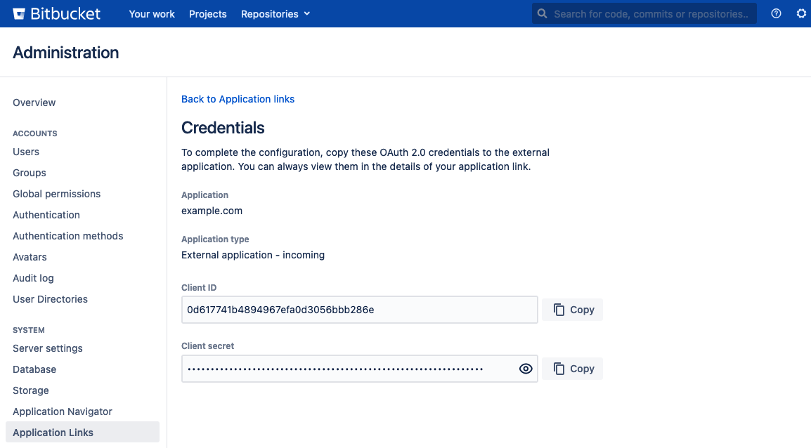 Bitbucket Server new OAuth client ID and secret