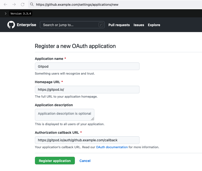 GitHub Enterprise register new OAuth application form