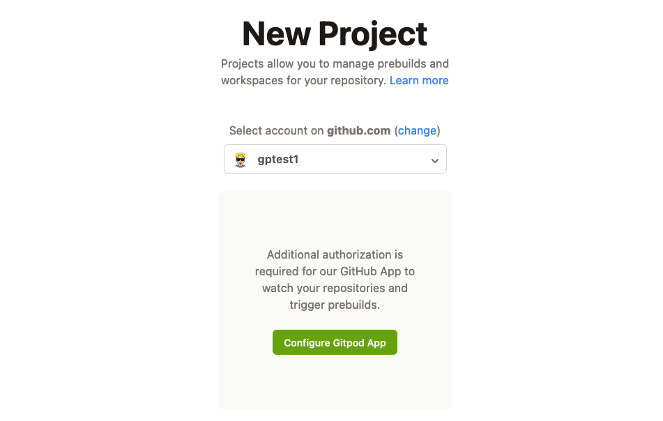 Gitpod new project prompt for GitHub App authorization