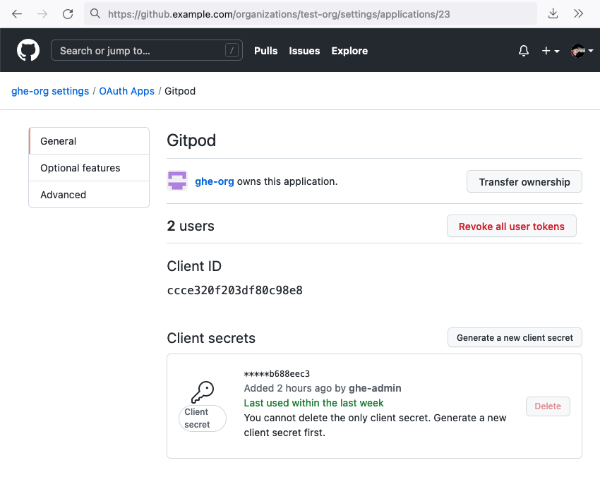 GitHub Enterprise new OAuth client ID and secret
