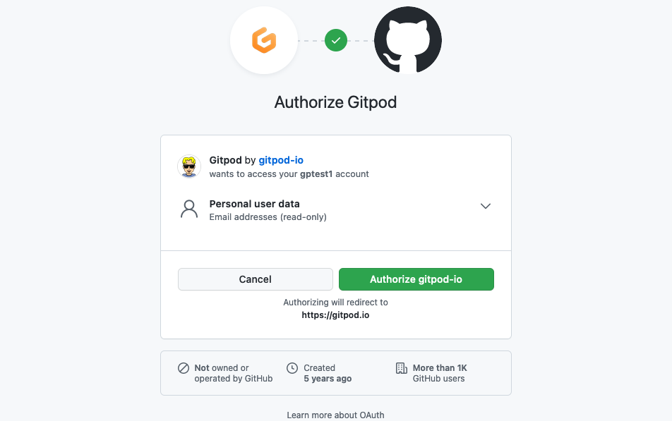 GitHub prompt for Gitpod OAuth App permissions with user:email scope