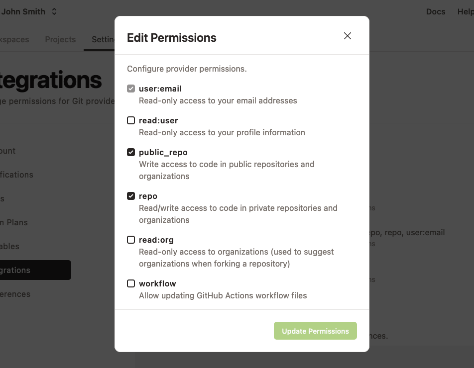 Gitpod settings for GitHub integration permissions