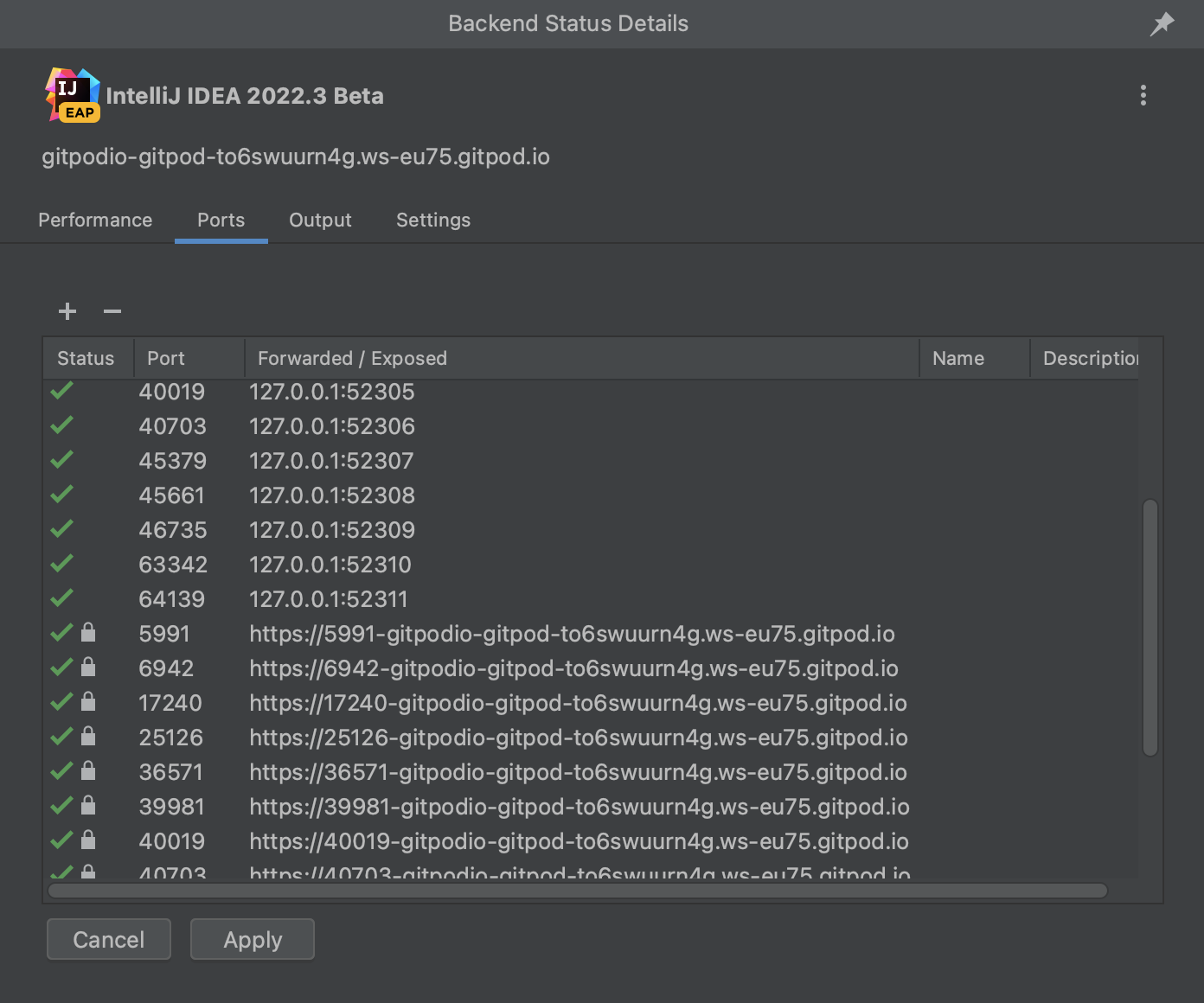 JetBrains Ports view in Gitpod workspace