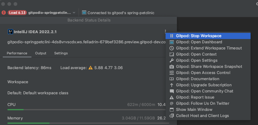 The Backend Control Center in JetBrains showing various Gitpod workspace actions