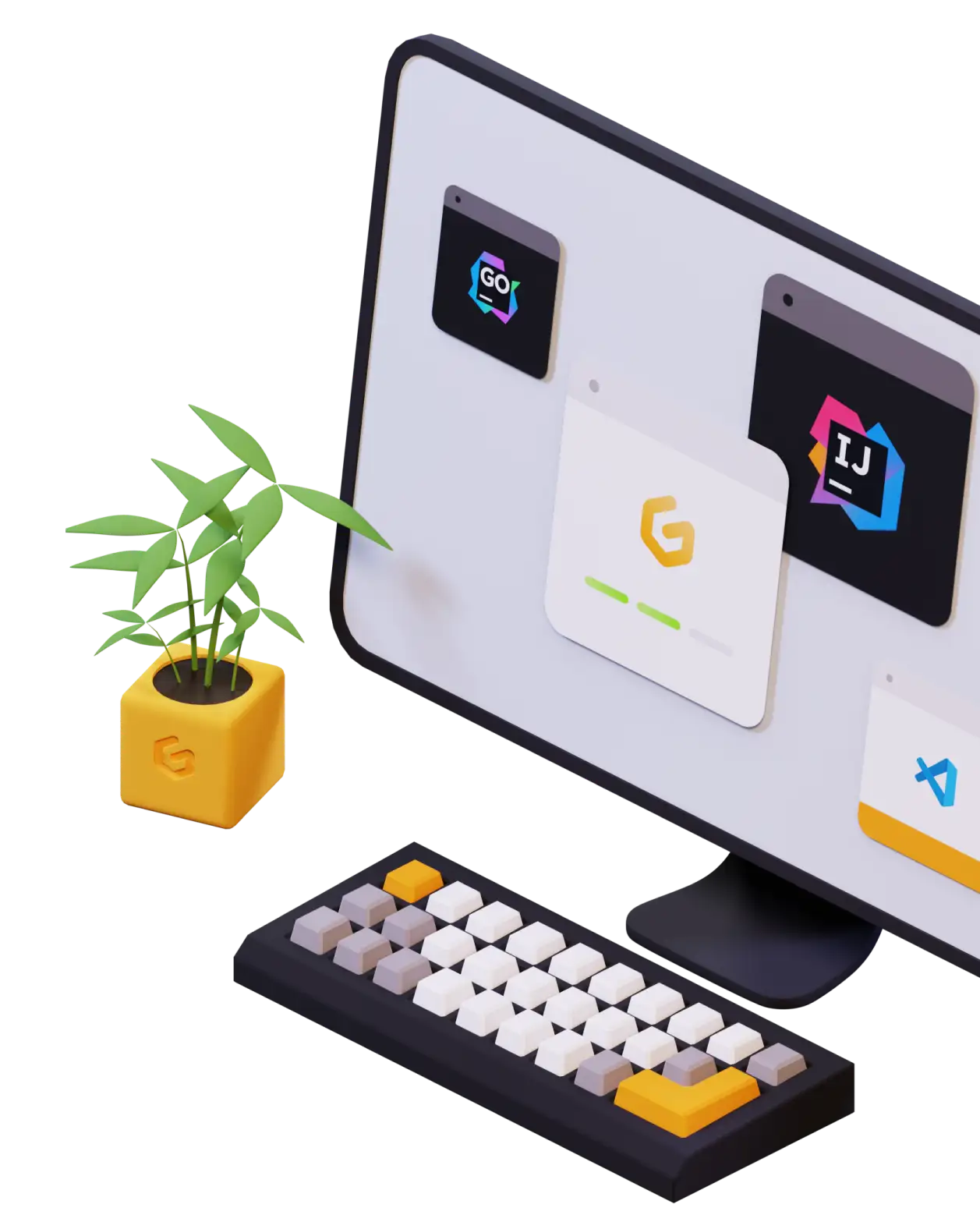 Computer setup with Gitpod and a plant