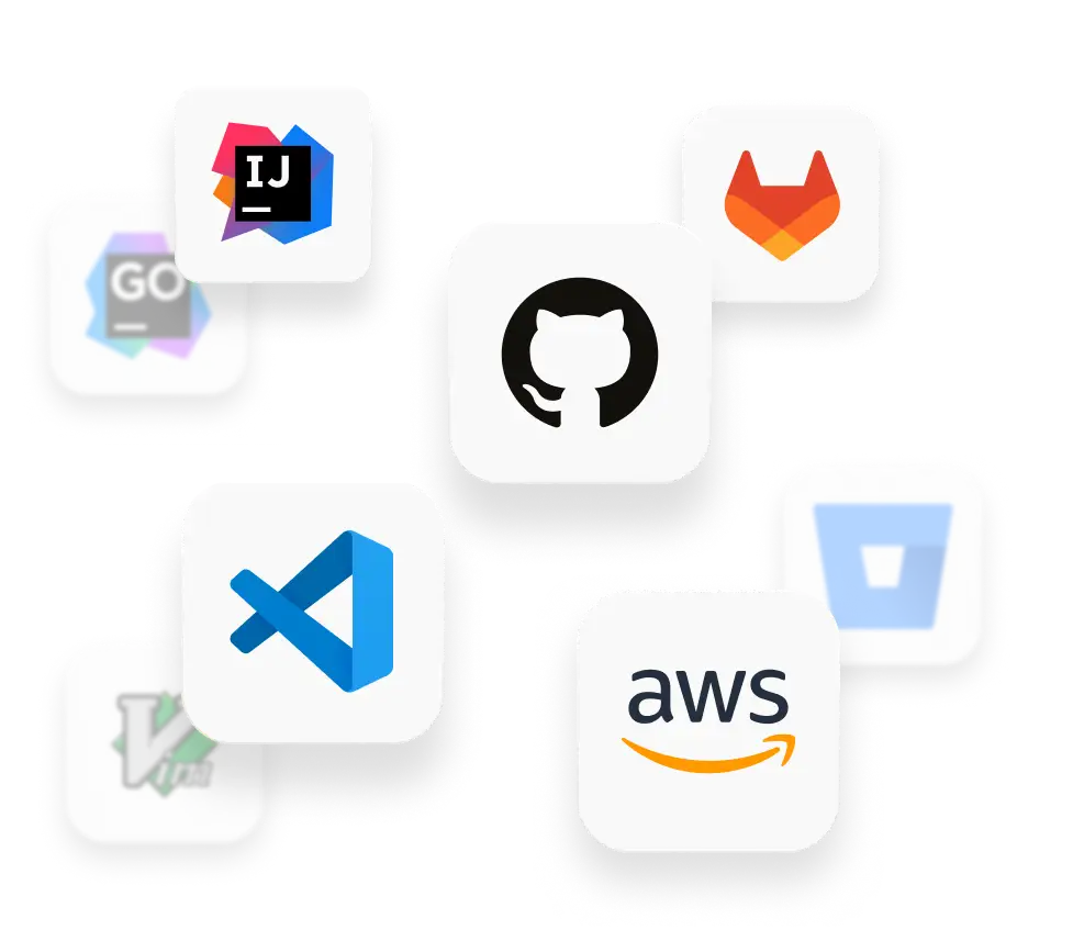 Logo's for various products with Gitpod integrations like Vim, IntelliJ, VSCode, Copilot, AWS, Github, Gitlab, Redis, Prettier, Bitbucket, and many more.